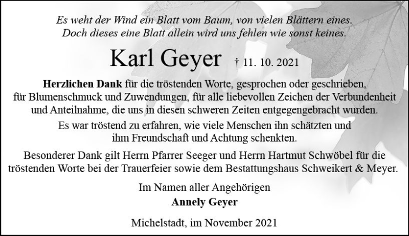  Traueranzeige für Karl Geyer vom 13.11.2021 aus vrm-trauer