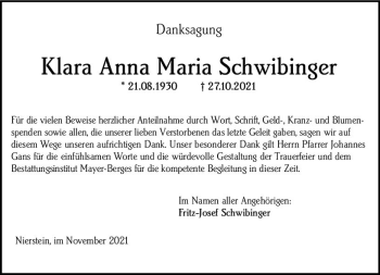 Traueranzeige von Klara Anna Maria Schwibinger von vrm-trauer