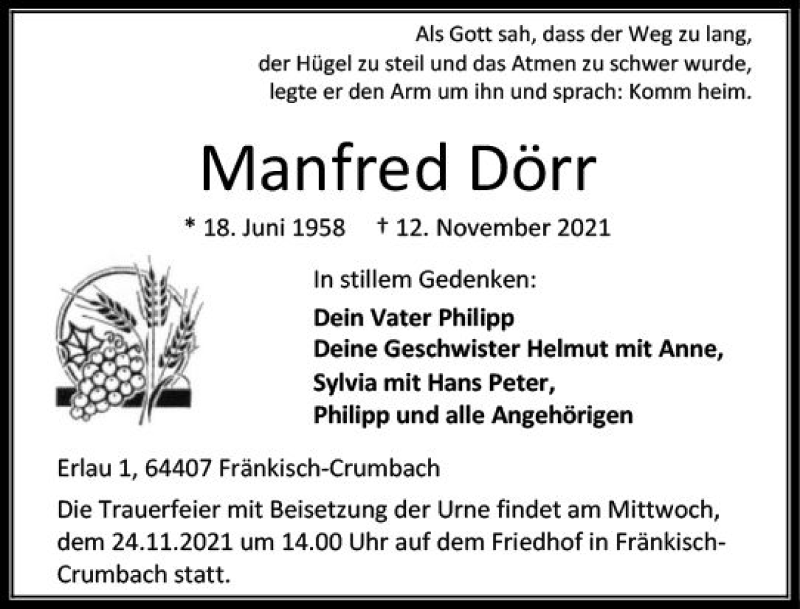  Traueranzeige für Manfred Dörr vom 20.11.2021 aus vrm-trauer