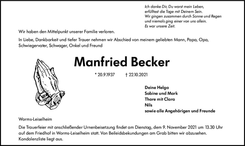  Traueranzeige für Manfried Becker vom 04.11.2021 aus vrm-trauer