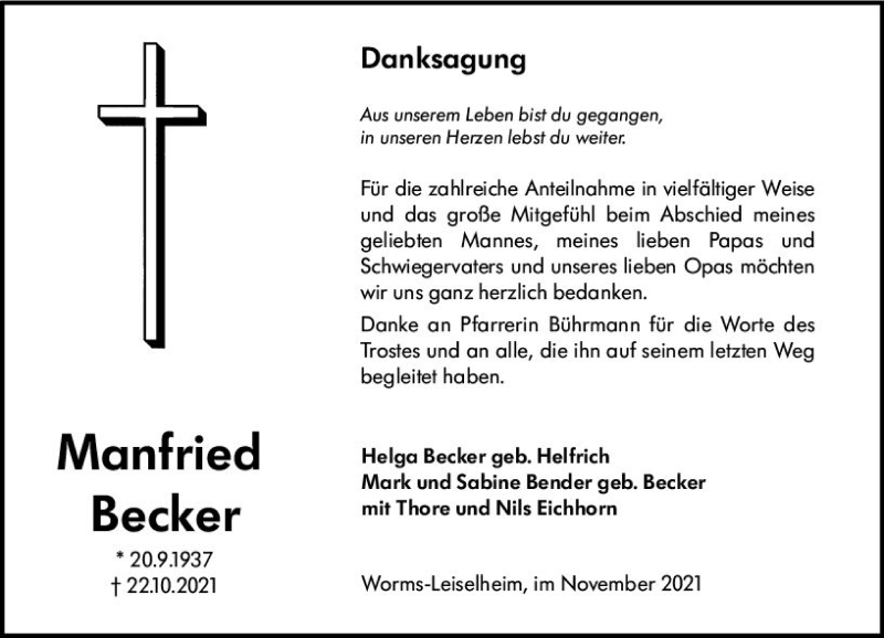  Traueranzeige für Manfried Becker vom 27.11.2021 aus vrm-trauer