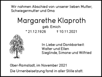 Traueranzeige von Margarethe Klaproth von vrm-trauer