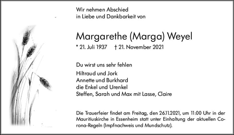  Traueranzeige für Margarethe Weyel vom 24.11.2021 aus vrm-trauer