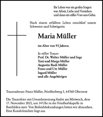 Traueranzeige von Maria Müller von vrm-trauer