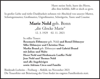 Traueranzeige von Marie Nold von vrm-trauer