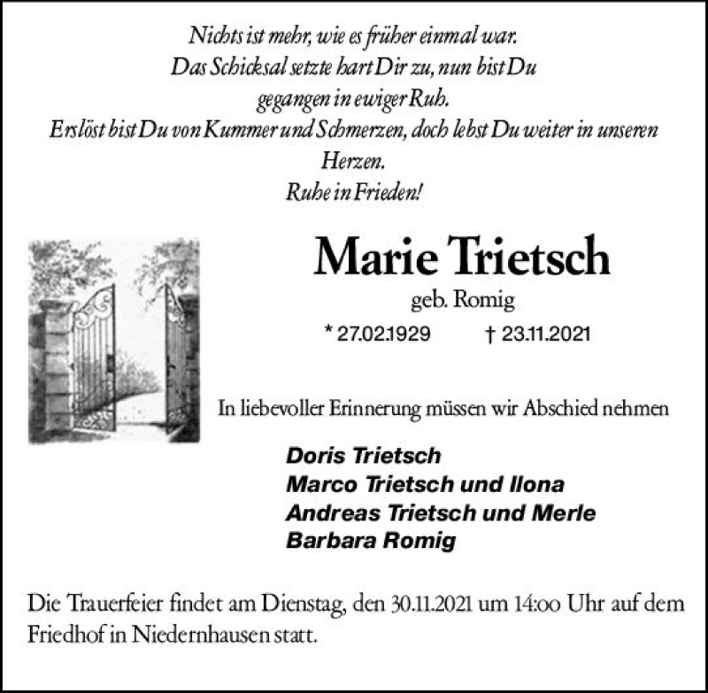  Traueranzeige für Marie Trietsch vom 27.11.2021 aus vrm-trauer
