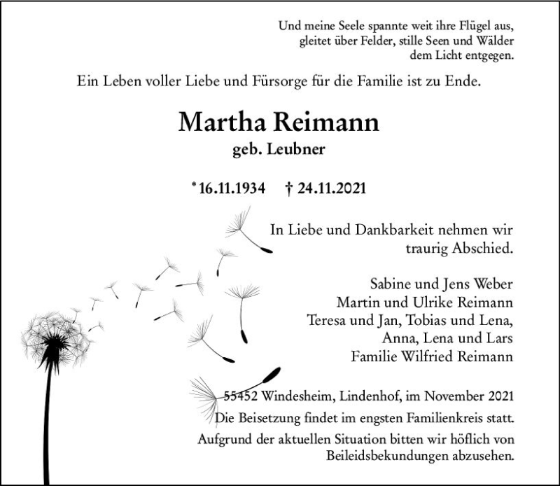  Traueranzeige für Martha Reimann vom 27.11.2021 aus vrm-trauer