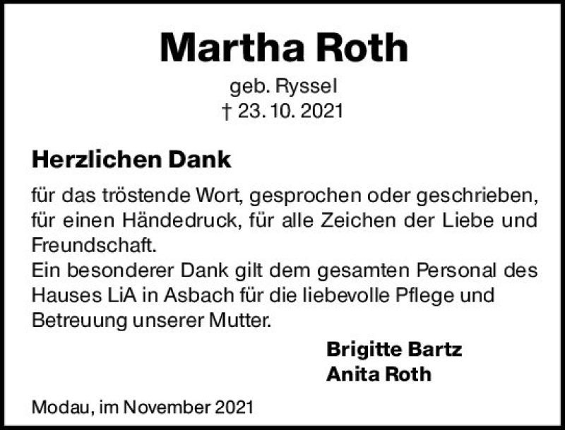  Traueranzeige für Martha Roth vom 27.11.2021 aus vrm-trauer