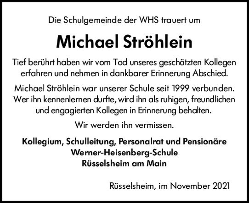  Traueranzeige für Michael Ströhlein vom 27.11.2021 aus vrm-trauer