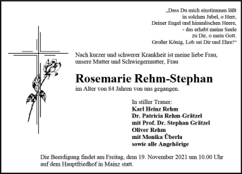 Traueranzeige von Rosemarie Rehm-Stephan von vrm-trauer