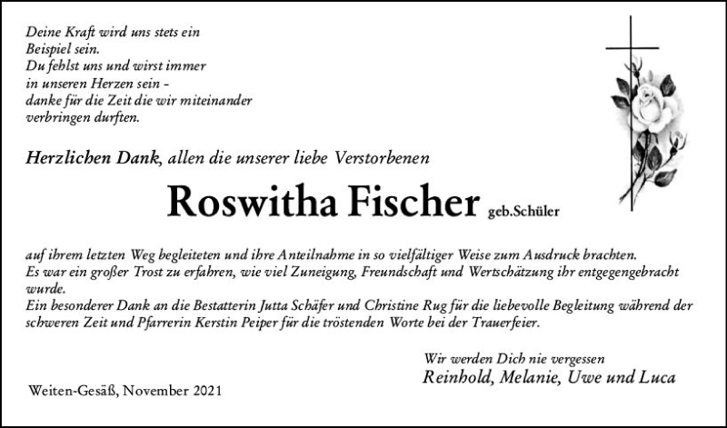  Traueranzeige für Roswitha Fischer vom 13.11.2021 aus vrm-trauer