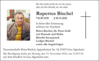 Traueranzeige von Rupertus Bischel von vrm-trauer