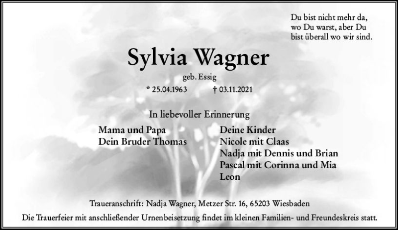  Traueranzeige für Sylvia Wagner vom 13.11.2021 aus vrm-trauer