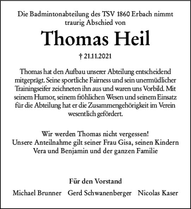  Traueranzeige für Thomas Heil vom 27.11.2021 aus vrm-trauer