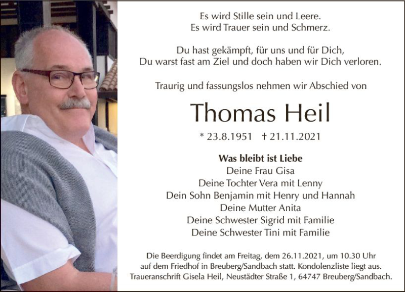  Traueranzeige für Thomas Heil vom 24.11.2021 aus vrm-trauer
