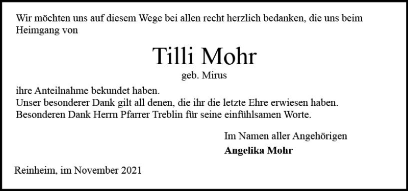  Traueranzeige für Tilli Mohr vom 27.11.2021 aus vrm-trauer