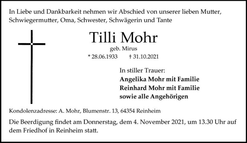  Traueranzeige für Tilli Mohr vom 03.11.2021 aus vrm-trauer