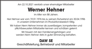 Traueranzeige von Werner Hehner von vrm-trauer
