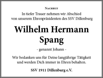 Traueranzeige von Wilhelm Herrmann Spang von  Dill Block
