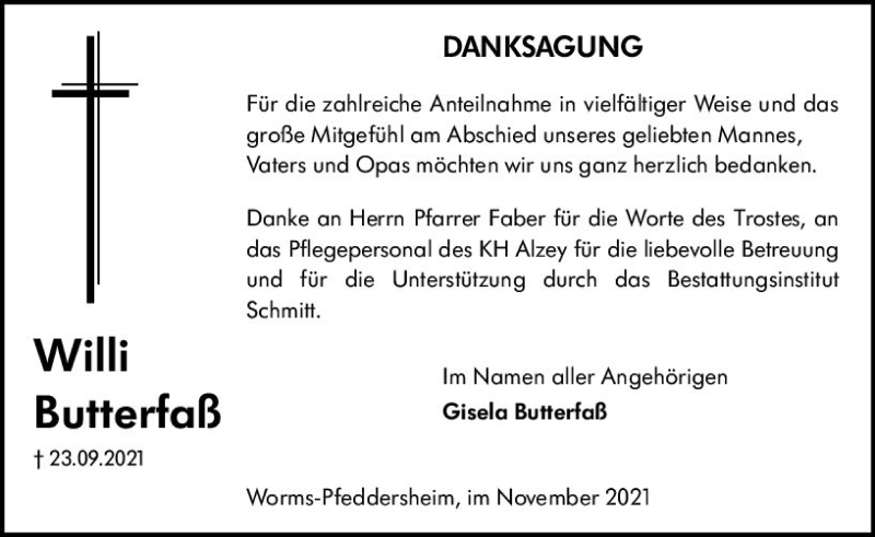  Traueranzeige für Willi Butterfaß vom 09.11.2021 aus vrm-trauer