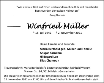 Traueranzeige von Winfried Müller von vrm-trauer