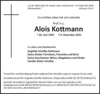 Traueranzeige von Alois Kottmann von vrm-trauer