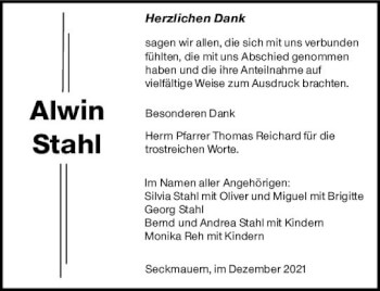 Traueranzeige von Alwin Stahl von vrm-trauer