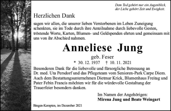 Traueranzeige von Anneliese Jung von vrm-trauer