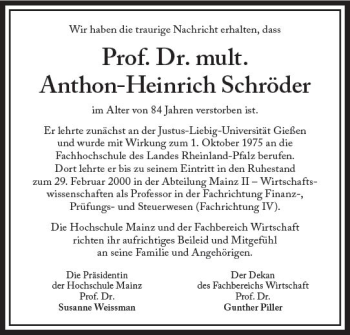 Traueranzeige von Anthon-Heinrich Schröder von vrm-trauer