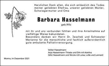 Traueranzeige von Barbara Hasselmann von vrm-trauer