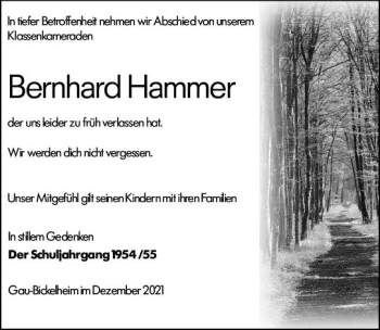 Traueranzeige von Bernhard Hammer von vrm-trauer