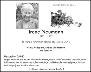Traueranzeige von Irene Neumann von VRM-TRAUER