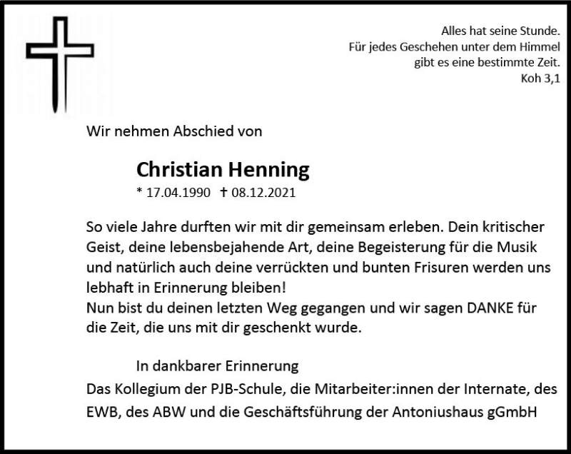  Traueranzeige für Christian Henning vom 17.12.2021 aus vrm-trauer