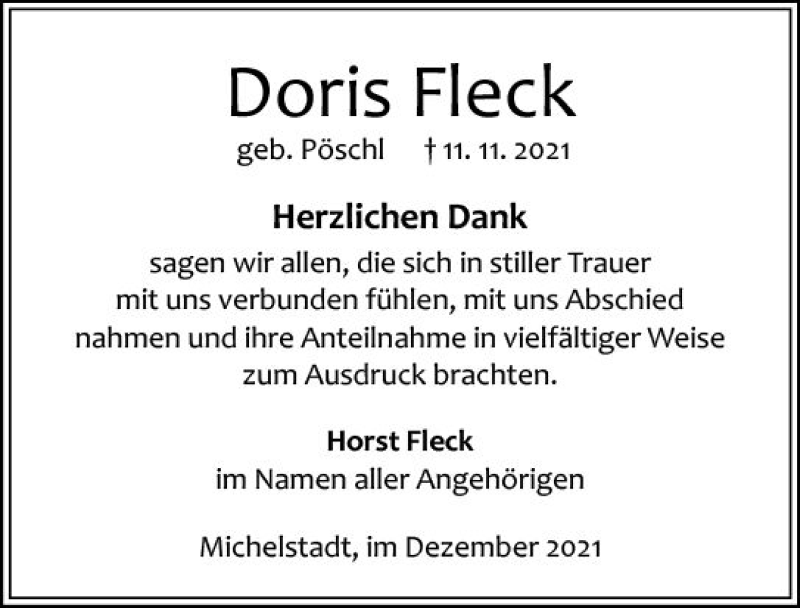  Traueranzeige für Doris Fleck vom 15.12.2021 aus vrm-trauer