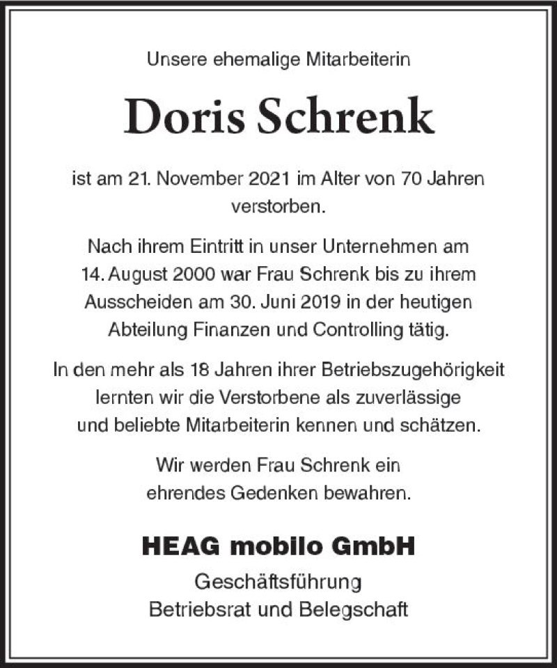  Traueranzeige für Doris Schrenk vom 09.12.2021 aus vrm-trauer