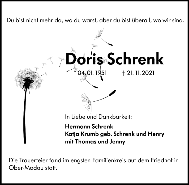  Traueranzeige für Doris Schrenk vom 04.12.2021 aus vrm-trauer