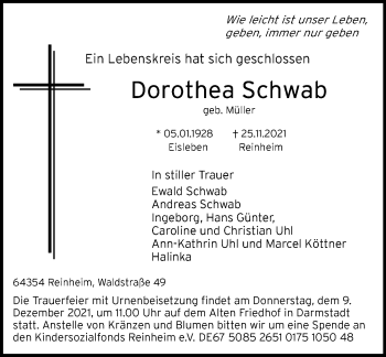 Traueranzeige von Dorothea Schwab von vrm-trauer