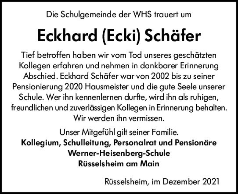  Traueranzeige für Eckhard Schäfer vom 24.12.2021 aus vrm-trauer