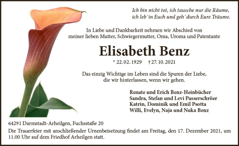  Traueranzeige für Elisabeth Benz vom 11.12.2021 aus vrm-trauer