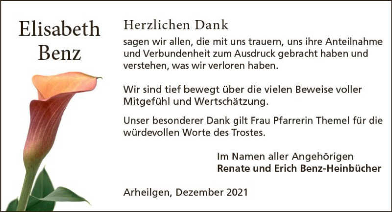  Traueranzeige für Elisabeth Benz vom 24.12.2021 aus vrm-trauer