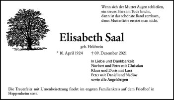 Traueranzeige von Elisabeth Saal von vrm-trauer