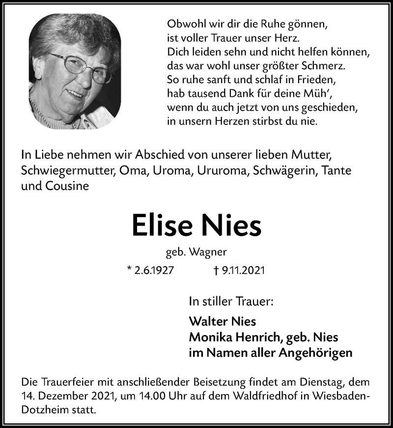  Traueranzeige für Elise Nies vom 04.12.2021 aus vrm-trauer