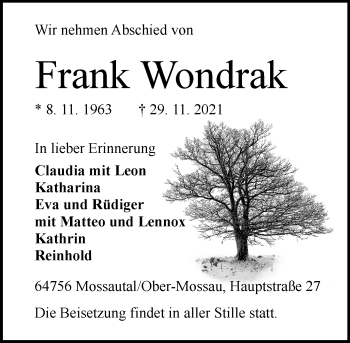 Traueranzeige von Frank Wondrak von vrm-trauer