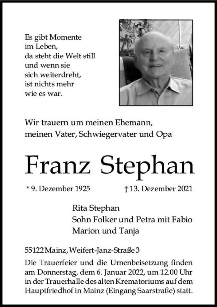  Traueranzeige für Franz Stephan vom 24.12.2021 aus vrm-trauer