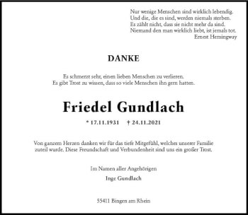 Traueranzeige von Friedel Gundlach von vrm-trauer