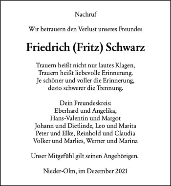 Traueranzeige von Friedrich  Schwarz von vrm-trauer