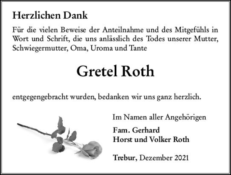  Traueranzeige für Gretel Roth vom 23.12.2021 aus vrm-trauer