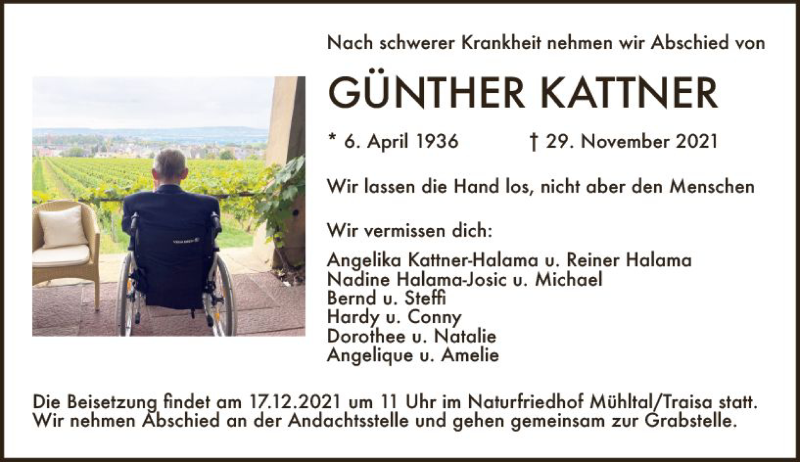  Traueranzeige für Günther Kattner vom 11.12.2021 aus vrm-trauer