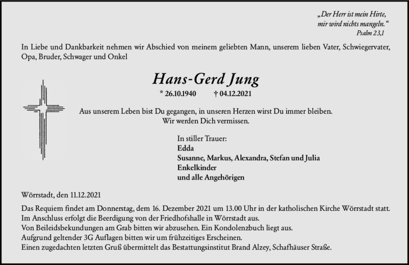  Traueranzeige für Hans-Gerd Jung vom 11.12.2021 aus vrm-trauer