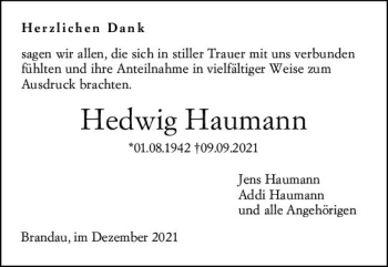 Traueranzeige von Hedwig Haumann von vrm-trauer